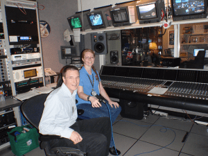 Audio Control Room at The Lyndon B. Johnson Space Center in Houston. From left: Christopher Westerlund President Westerlund Consulting and Beth Weissinger NASA-JSC Audio Control Room